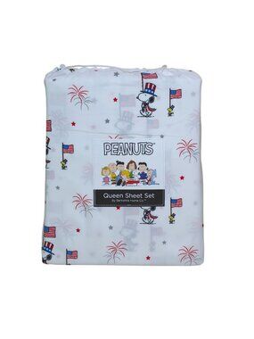 Peanuts 4th of July Queen Sheet Set By Berkshire Snoopy & Woodstock USA Flags